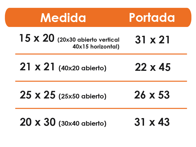Medidas libro pasta de foto recta sin guardas